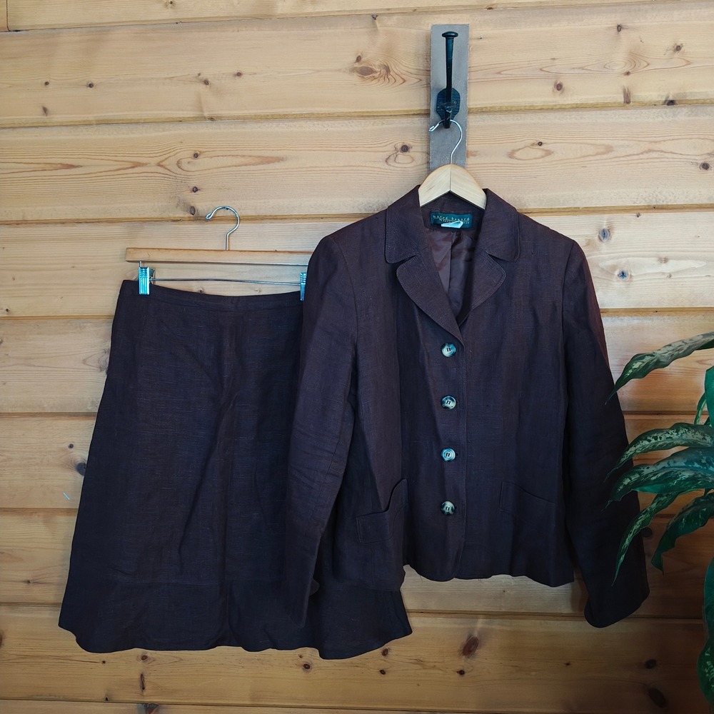 Harvey Bernard Holtzman 100% Linen Brown Suit Set Office Skirt -8 Blazer Top -10